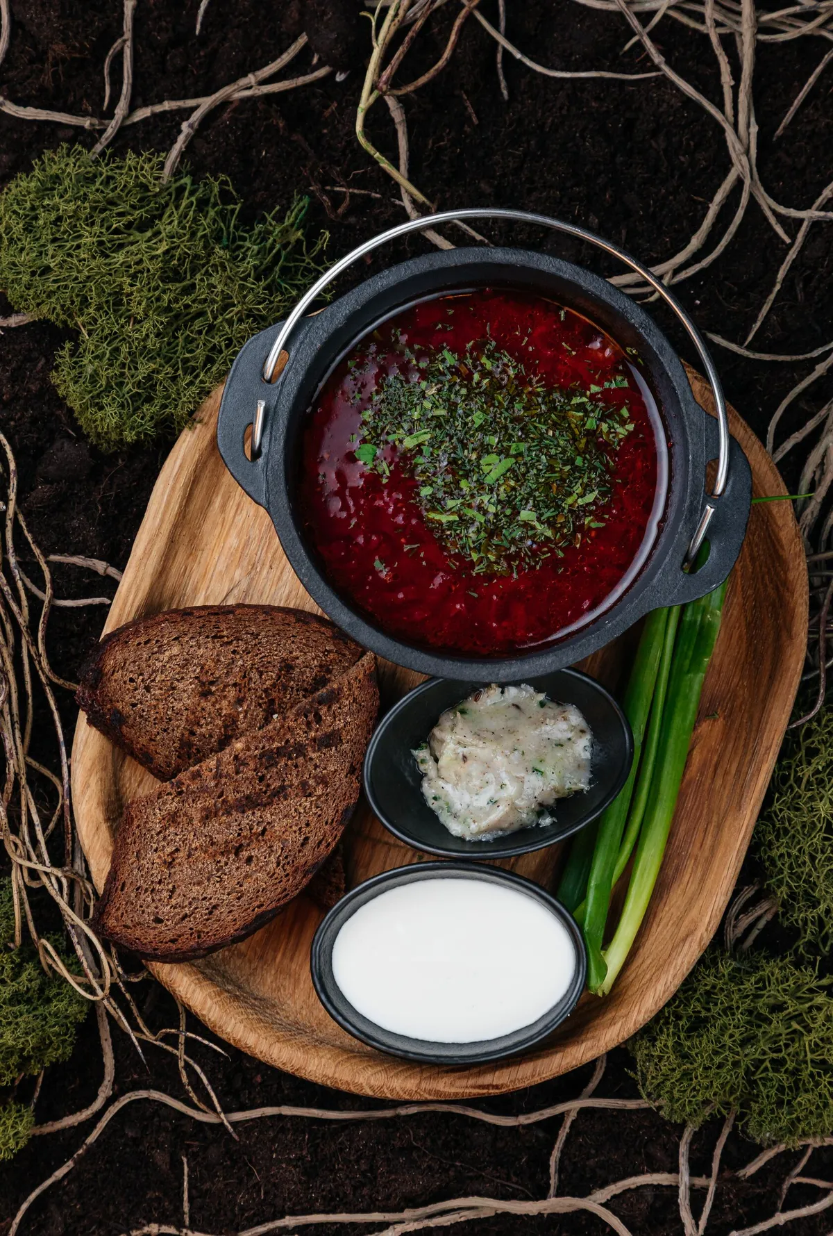 Борщ с говядиной, черносливом, копчёной сметаной и салом